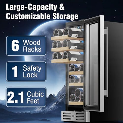 Kalamera Mini Fridge 18 Bottle - 12 inch Wine Cooler Refrigerator, Built-in or Freestanding, with Stainless Steel & Double-Layer Tempered Glass Door, and Temperature Memory Function Wine Fridge