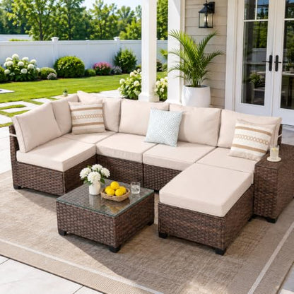 PAIQIAN 7 Pieces Patio Furniture Set - All-Weather Wicker Outdoor Sectional Sofa, Rattan Patio Conversation Sofa with Coffee Table for Porch, Beige/Brown