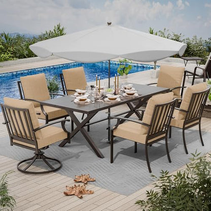 ASJMR 7 Piece Outdoor Dining Set for 6, Metal Patio Table and Chairs with Cushions, Patio Furniture Set with 2 Swivel Chairs, Rectangular Patio Dining Table with Umbrella Hole, Lawn Deck, Yard-Sand