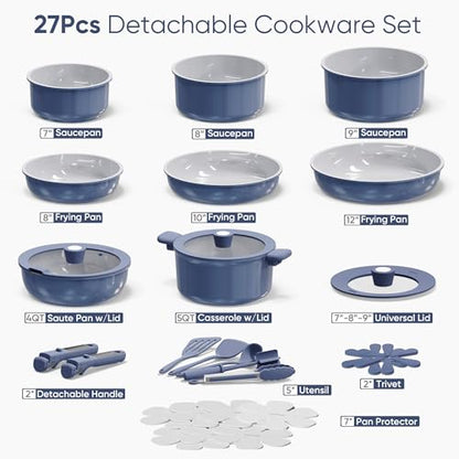 CAROTE 27pcs Ceramic Cookware Set Nonstick, Pots and Pans Set Non Stick, Non Toxic Cookware Detachable Handles, Dishwasher/Oven Safe, RV/Camping Cookware with Kitchen Utensils, Blue