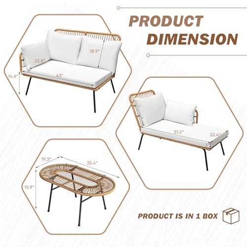 Greesum Outdoor Rope Woven Patio Furniture L-Shaped Conversation Sectional Sofa Set Detachable Lounger for Backyard Porch with Thick Cushions & Long Table, White