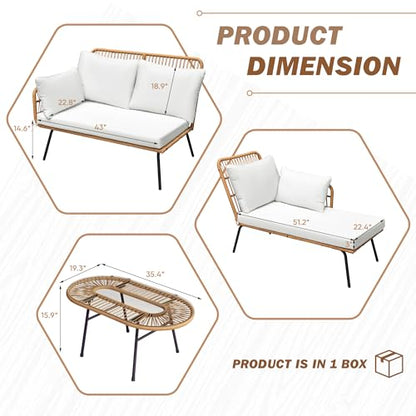 Greesum Outdoor Rope Woven Patio Furniture L-Shaped Conversation Sectional Sofa Set Detachable Lounger for Backyard Porch with Thick Cushions & Long Table, White