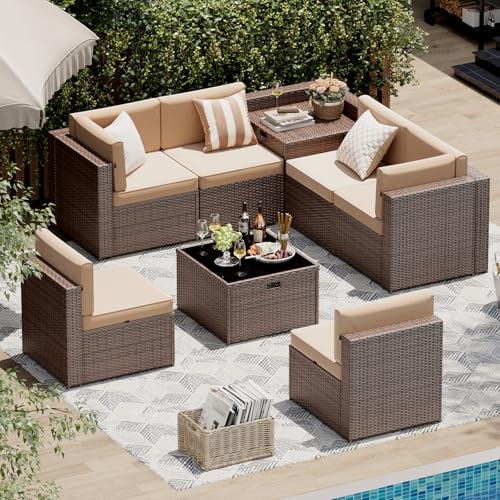 Aoxun 8 Piece Patio Furniture Set, Wicker Outdoor Furniture with Large Storage Table, Patio Conversation Sets with Waterproof Cover, Outdoor Sectional Sofas for Backyard Garden(Brown/Khaki)