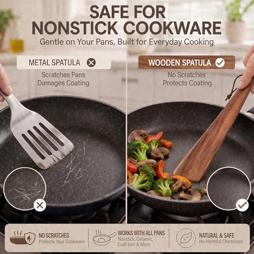 ZenyLumi Wooden Spatula Set of 2, Acacia Wood Cooking Utensils with Thin Angled Edge, Nonstick Safe Wood Turner, Lightweight Kitchen Spatula 10" & 12" for Flipping, Stir Fry, Mixing