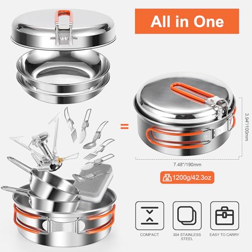 Odoland 15pcs Stainless Steel Camping Cookware Camping Pot and Pan Set with Portable Camping Stove Camping Mess Kit with Plates Bowls Forks Knives Spoons for Hiking Backpacking and Picnic
