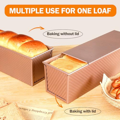 Gicyiit Pullman Loaf Pan with Lid, 13x4 inch, Premium 2.2LB Nonstick Sandwich Bread Loaf Pan for Homemade Sourdough Bread, Heavy Duty Carbon Steel Corrugated Toast Box with Cover for Baking, Bakeware