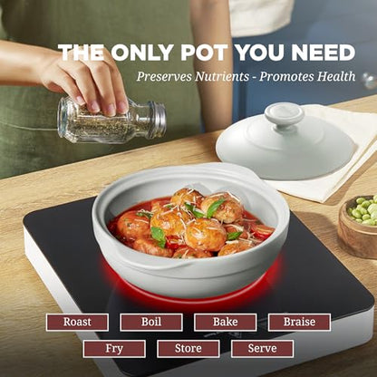 MINH LONG 1-Qt Porcelain Dutch Oven with Lid – Lead & Cadmium Free, Oven Safe to 482°F, Heat Retention, Clay Pot for Cooking on Gas & Infrared Cooktop, Use to Marinate, Cook, Bake, Refrigerate & Serve