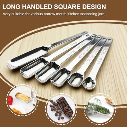 WAHMLA Stainless Steel Measuring Spoons Set of 7 with Leveler, Long Handle Rectangular Metal Teaspoon Tablespoon for Measuring Kitchen Spice, Dry & Liquid Ingredients