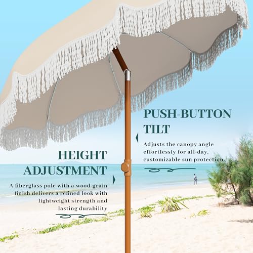 AreShark 7ft Patio Umbrella with Fringe, UPF50+ Beach Umbrella for Table, Pool & Garden, Portable Outdoor Tassels Umbrella w/Fiberglass Ribs&Push Bottom Tilt(Ivory)