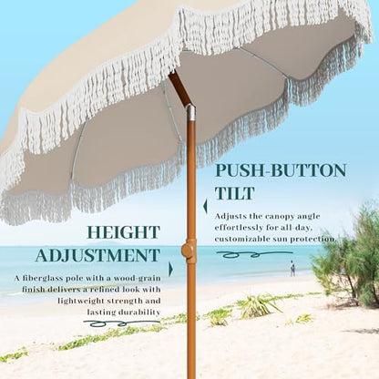 AreShark 7ft Patio Umbrella with Fringe, UPF50+ Beach Umbrella for Table, Pool & Garden, Portable Outdoor Tassels Umbrella w/Fiberglass Ribs&Push Bottom Tilt(Ivory)