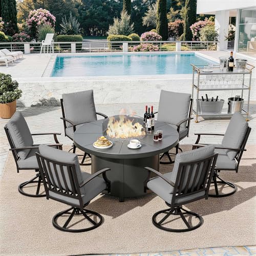 Trumbeak 7 Piece Metal Outdoor Patio Furniture Set with 48"/55000 BTU Round Fire Pit Table,Outdoor Dining Table Set 6 Swivel Chairs No-Slip Cushions and Waterproof Covers,Grey