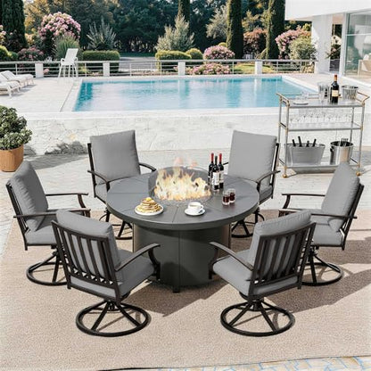 Trumbeak 7 Piece Metal Outdoor Patio Furniture Set with 48"/55000 BTU Round Fire Pit Table,Outdoor Dining Table Set 6 Swivel Chairs No-Slip Cushions and Waterproof Covers,Grey