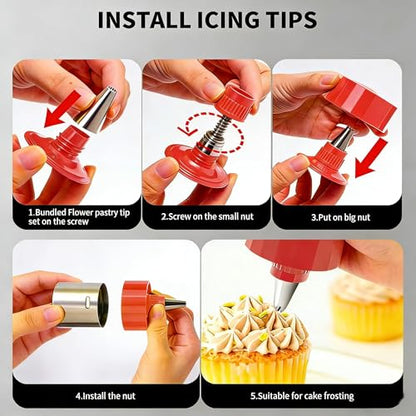 Stainless Steel Spritz Cookie Press - Press Gun Kit with 13 Discs & 8 Piping Tips, DIY Christmas Maker, Practical Baking Gadgets red