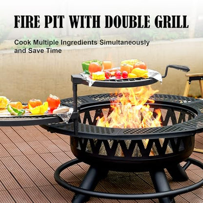 36 Inch Fire Pit with 2 Grills, Large Outdoor Firepits for Outside, Wood Burning Fireplace for Camping,Picnic,Bonfire, 3-in-1 Round Metal Table with Lid for Backyard,Patio,Party
