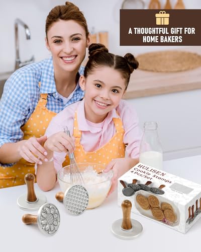 HULISEN Cookie Stamps Set of 4, Metal Cookie Press Mold with Wooden Handle, Decorating Supplies for DIY Baking, Cake, Pastry, Easy to Use, Gift Package