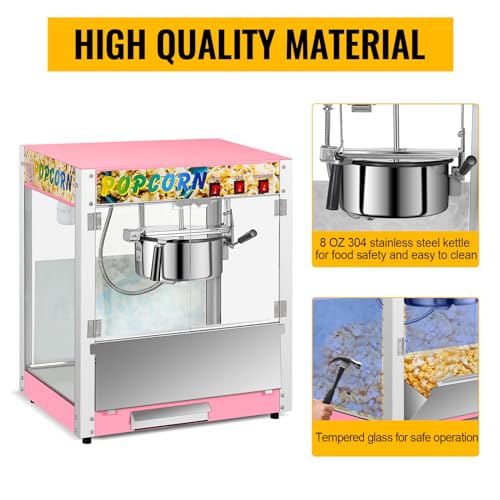 Commercial Popcorn Machine, 8 Oz Kettle, 850 W Countertop Popcorn Maker for 48 Cups per Batch, Popcorn Popper with 3-Switch Control Steel Frame Tempered Acrylic Doors
