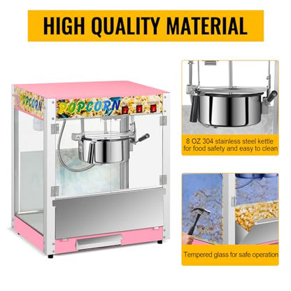 Commercial Popcorn Machine, 8 Oz Kettle, 850 W Countertop Popcorn Maker for 48 Cups per Batch, Popcorn Popper with 3-Switch Control Steel Frame Tempered Acrylic Doors