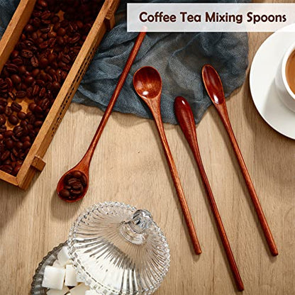 Patelai Wooden Coffee Spoons Long Handle Mixing Wooden Spoon Handmade Stirring Teaspoon for Kitchen Stirring (kusunoki, 10 Pieces)
