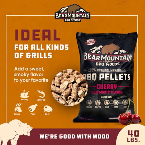 Bear Mountain All Natural Wood Pellets for Smoker, Grill & BBQ, 40 Lbs, Cherry - Premium Hardwood Barbecue Pellet Accessories for Indoor and Outdoor Grilling