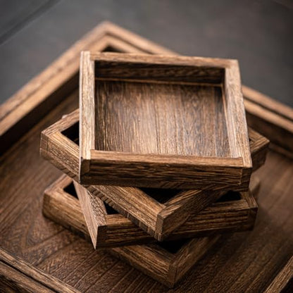5-Piece Rustic Wooden Serving Tray Set, Handcrafted Nesting Trays with Handles for Ottoman & Coffee Table Decor, Lightweight Paulownia Wood Food Trays for Kitchen, Outdoor Picnic & Parties