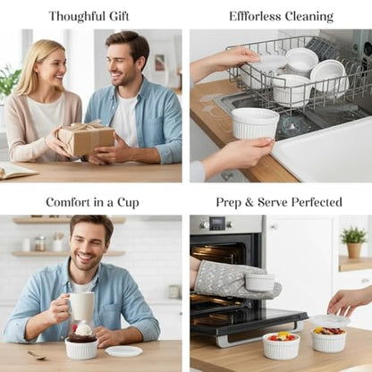 Ceramic Ramekins 6 Oz White Set of 6 | Oven, Microwave & Dishwasher Safe Porcelain Souffle and Creme Brulee Cups for Custard, Pudding, Dips & Individual Desserts, Thick Wall Heat Resistant Construction