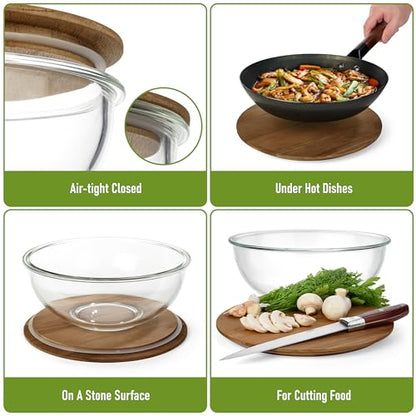 dokaworld Set of 5 Nesting Glass Bowls with New Updated Acacia Lids for Foodprep, Storage, Mixing & Cooking - Microwave & Oven-ready BPA Free Durable Heat Resistant Inert Borosilicate Glass