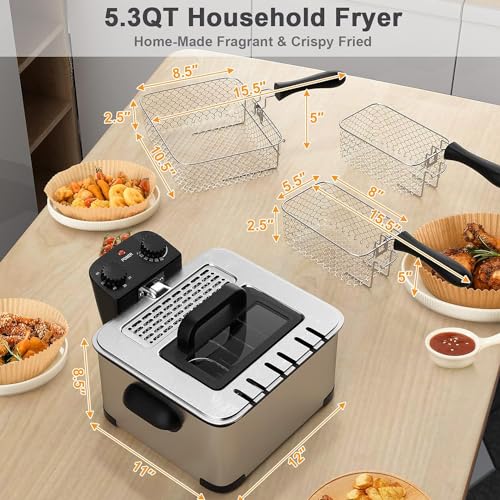 Deep Fryers with 3 Baskets - Simoe 5.3QT/21 Cup Electric Large Fryer Countertop, 1700W Stainless Steel Deep Oil Fryer with Lid, Adjustable Temperature & Timer & View Window, Professional Grade