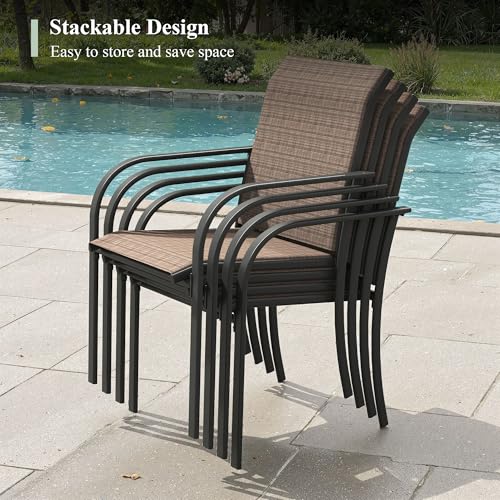 ARKOST 3 Pieces Outdoor Dining Set, Stackable Textilene Paito Chairs & 27.5" Square Dining Table with Shelf, Patio Dining Set for Backyard, Deck, Garden, Brown & Black