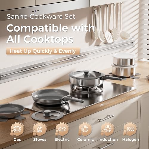 Sanho 21-Piece Pots and Pans Set, Healthy Ceramic Nonstick Cookware with Detachable Handles, Induction RV Kitchen Set, Dishwasher & Oven Safe, Gray