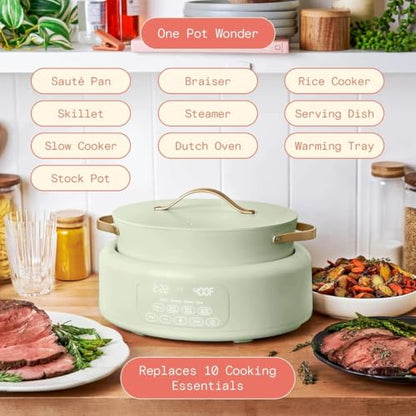 Wonderful 10-in-1 Electric Multi-Cooker 6 Qt Cast Aluminum Pot, 7 Preset Function,Oven & Dishwasher Safe to 400°F Sauté Slow Cook Steam Touch Display (Sage Green)
