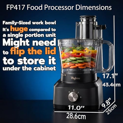Magiccos 14 Cup Food Processor - XL Bowl Food Processor with Large Feed Chute, French Fry Cutter, Chop Vegetables, Slice Potatoes, Shred Cheese, Mix Dough for Family Meal Prep