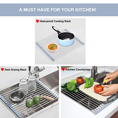 MECHEER Over The Sink Dish Drying Rack, Roll Up Dish Drying Rack Kitchen Dish Rack Stainless Steel Sink Drying Rack, Foldable Dish Drainer, 17.5''x11.8''
