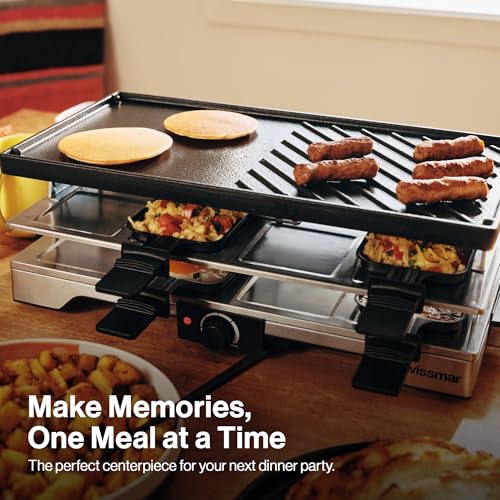 Swissmar Verso Indoor & Outdoor Raclette Grill with Cast Iron Reversible Griddle / Grill Top - 1700W Electric Raclette Set with PFAS-Free Nonstick Dishes, Variable Heat Control, 8-Person
