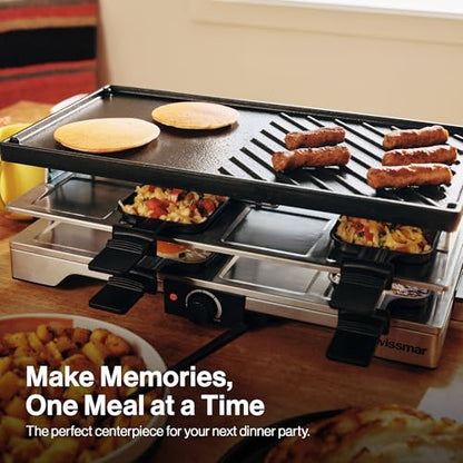 Swissmar Verso Indoor & Outdoor Raclette Grill with Cast Iron Reversible Griddle / Grill Top - 1700W Electric Raclette Set with PFAS-Free Nonstick Dishes, Variable Heat Control, 8-Person