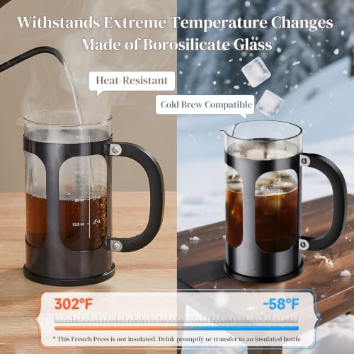 Veken French Press Coffee Maker 34oz, No Plastic Touching Cafe,Thickened Glass Stainless Steel Brewer, Cold Brew Cafetera Tea pot for Kitchen Travel Camping, Gifts, Decor, Bar Accessories, Dark Pewter