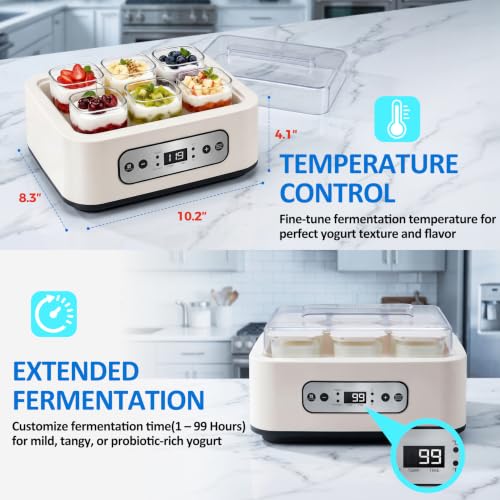 ESOHOT Yogurt Maker Machine with 6 BPA-Free Glass Jars, Digital Temperature Control & Timer, Automatic Yogurt Maker for Homemade Greek Yogurt, LED Display