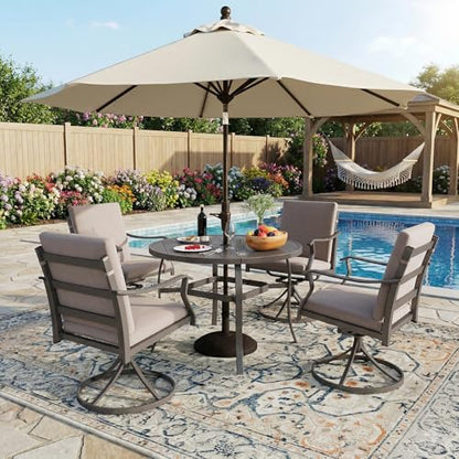 EROMMY 5-Piece Outdoor Patio Dining Set, 4 Swivel Chairs with Removable Cushions & Round Metal Table with Umbrella Hole, All-Weather Furniture for Backyard, Garden and Deck
