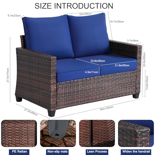 Outdoor 2-Seat Rattan Loveseat,Water-Resistant Deep Cushions,Patio,Blue