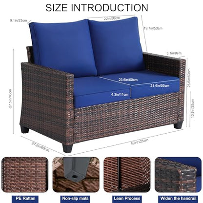Outdoor 2-Seat Rattan Loveseat,Water-Resistant Deep Cushions,Patio,Blue
