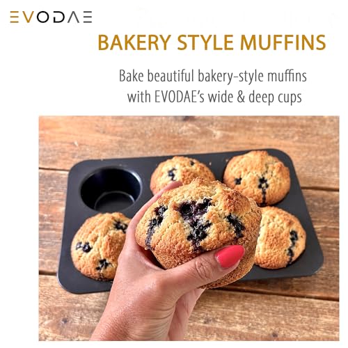 EVODAE Jumbo Muffin Pan, 2 Pack – Extra-Large Wide & Deep Cups, 12-Cup (2x6) Nonstick Carbon Steel – Texas Muffin Tin, Large Cupcake Pan – PFOA & PTFE Free, No Liners Needed, Gift Box