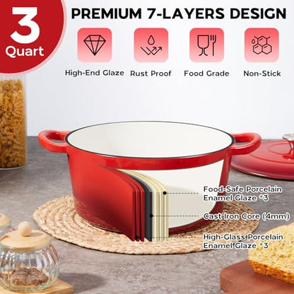 3QT Dutch Oven Pot with Lid, Onader Enameled Cast Iron Small Dutch Oven for Bread Sourdough Baking, Heavy Duty - Red