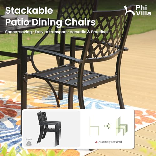 PHI VILLA 8 Piece Patio Outdoor Dining Set with 13ft Double-Sided Patio Umbrella,Metal Outdoor Table Furniture Set with 6 Outdoor Stackable Chairs, 1 Rectangle Dining Table and 1 Large Umbrella