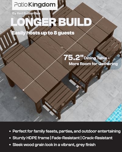 Patio Kingdom 9-Piece Outdoor Dining Set for 8, 75.2'' HDPE Table with Umbrella Hole & Chairs, Weather-Resistant Patio Furniture for Lawn, Yard, Balcony, Deck (Brown)