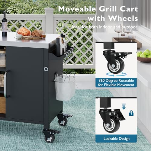 55.5" Outdoor Kitchen Island with Stainless Steel Sink - Rolling Grill Cart with Storage, Mobile Bar Table with 4 Lockable Wheels for Pizza Prep & BBQ