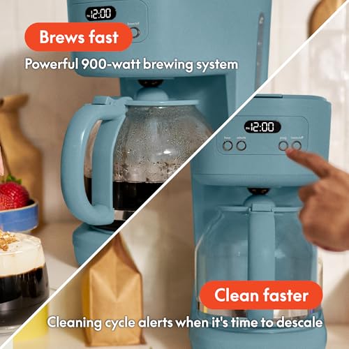 BELLA 12 Cup Programmable Coffee Maker, Reusable Dishwasher Safe Accessories, Easy LCD display, Auto Shutoff, 900 watt, Surf