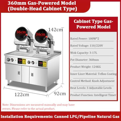 TT-YEL Large-Capacity Double-Head Automatic Stir-Fry Machine, Gas-Powered Kitchen Stir-Fry Machine, Timed Intelligent 360° Rotating Cooking Machine, 1-17L Stainless Steel Wok.,36cm Wok
