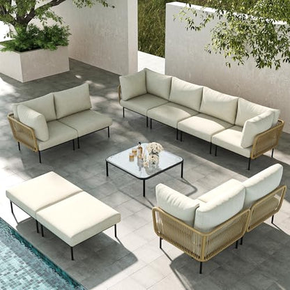 LayinSun 11 Pieces Aluminum Patio Furniture Set, Modern Modular Sectional Sofa with Coffee Table and Upgrade Thickness Cushion