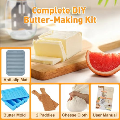 TeeMars Butter Churner - Mason Jar Butter Churner Hand Crank, 34oz Manual Butter Maker in 15 Min, Free 14 Recipes, Paddle, Mold with Lid, Cheese Cloth & Anti-slip Mat