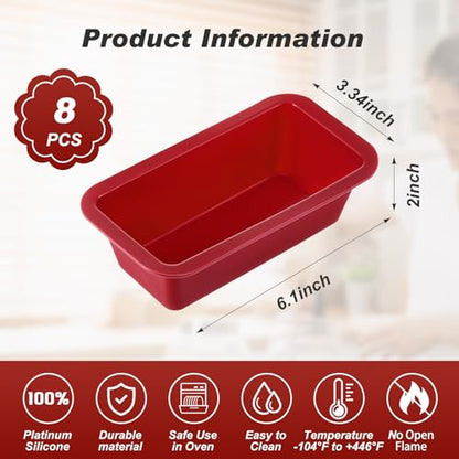 Willinglong 8 Pcs Silicone Mini Loaf Pan Silicone Bread Loaf Pan Rectangle Baking Molds Non Stick for Mini Cake, Homemade, Bread and Meatloaf, Red 6.1 x 3.3 x 1.8 Inch