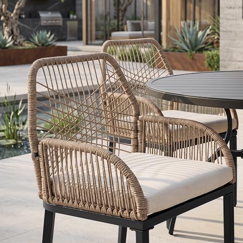 NUU GARDEN 5-Piece Outdoor Dining Set, Round Outdoor Table and Chairs for 4, All Weather Patio Furniture Set with Umbrella Hole, Handwoven Twisted Rattan Outdoor Chairs with Cushions, Brown and Black
